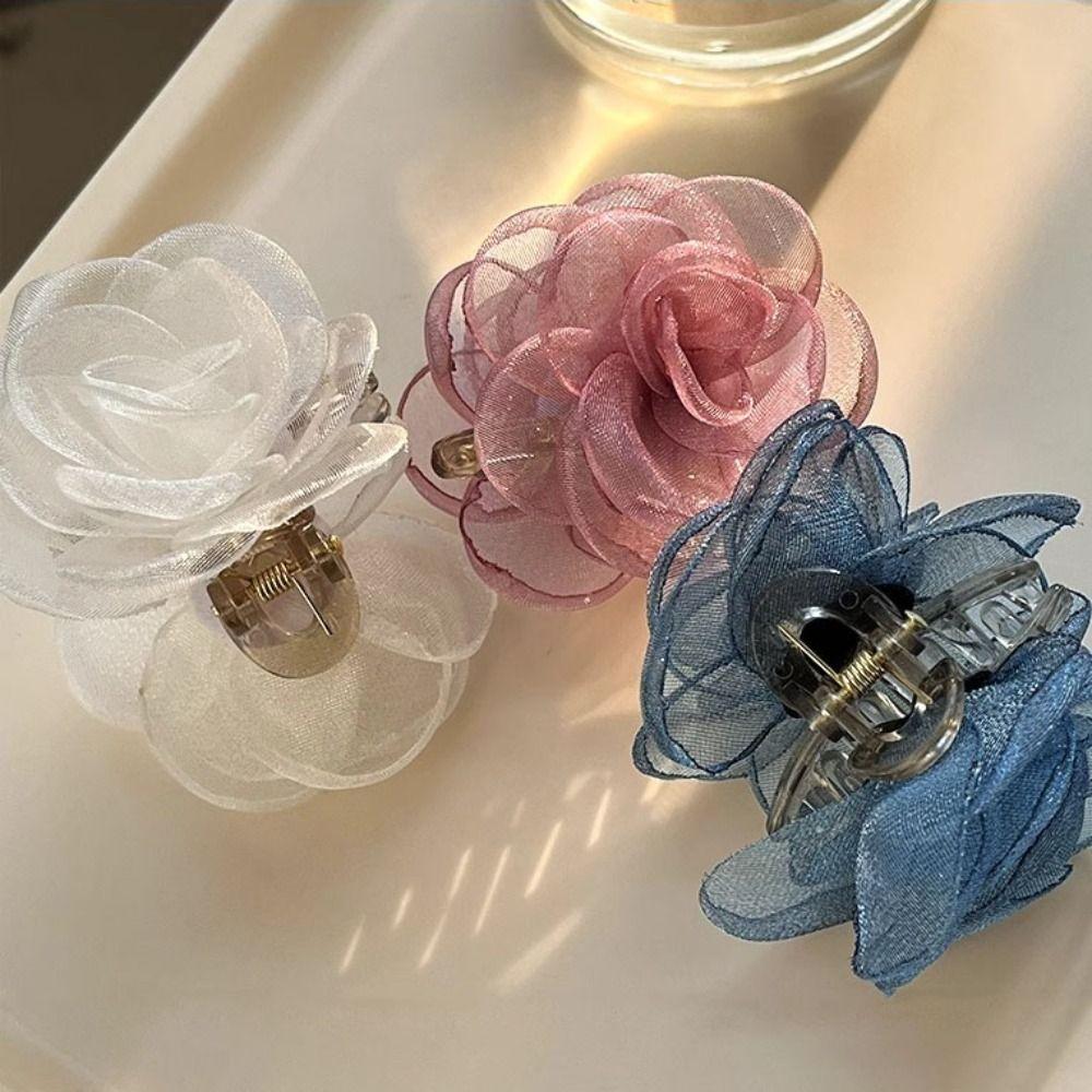 Cloth Simulation Flower Hair Claw Mesh Flower Claw Clip Fashion Camellia Shark Clip  Wedding