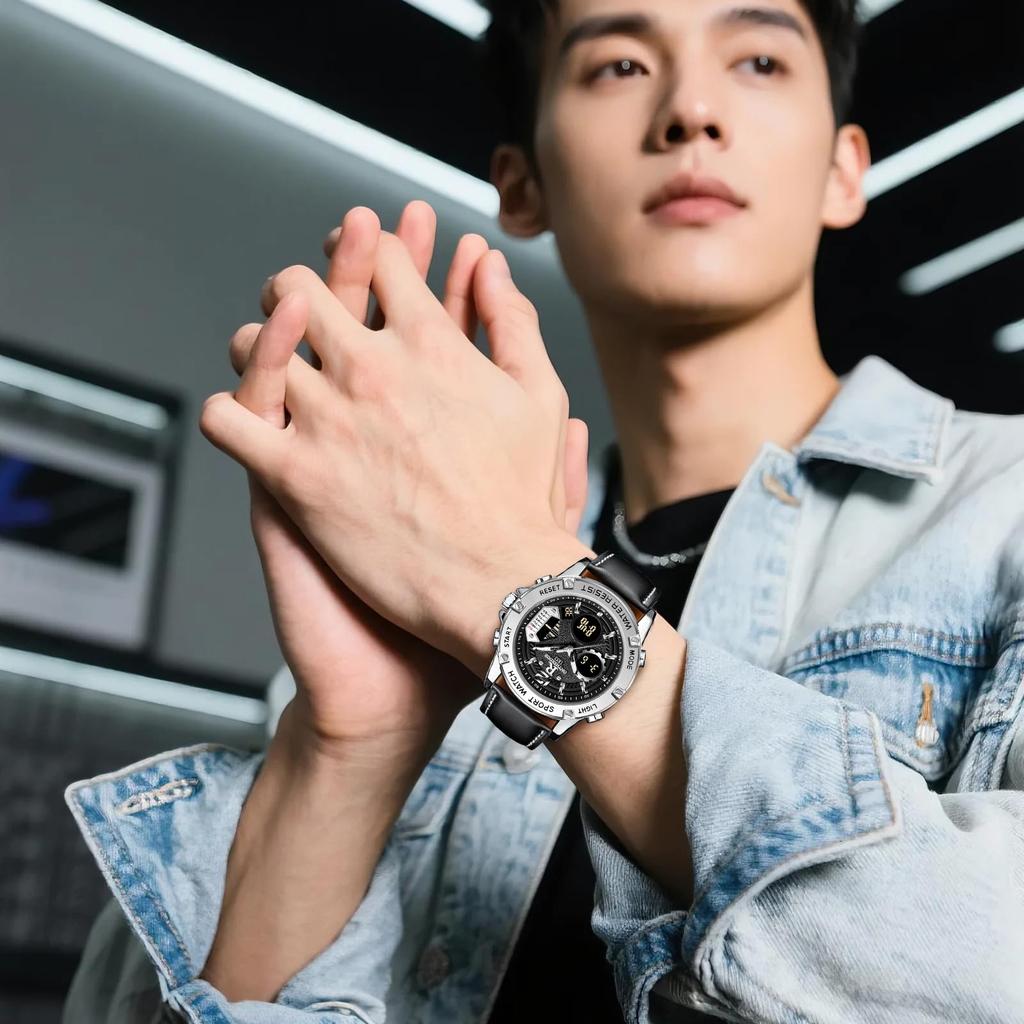 3 ATM water analog quartz genuine leather date dual luminous business perfect for job birthday Men's watch, resistant, movement, strap, display, time,
