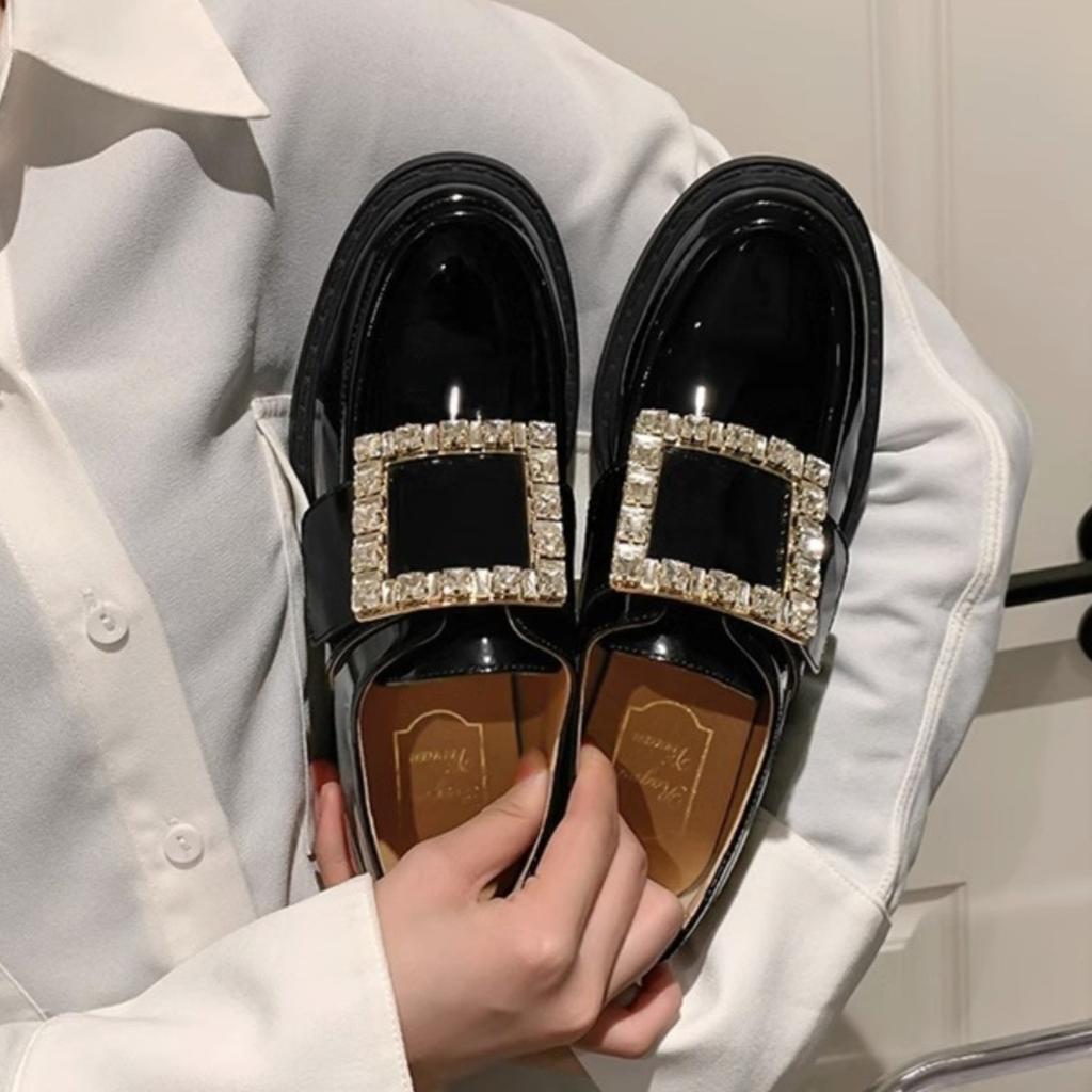 Square buckle platform loafers women's 2025 new autumn leather thick high heel black high-end British style small leather shoes