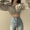 WTEMPO Vintage Streetwear Harajuku Women Blouses Korean Trendy Black White Gray Long Sleeve Shirts Tunic Chic Cropped Tops