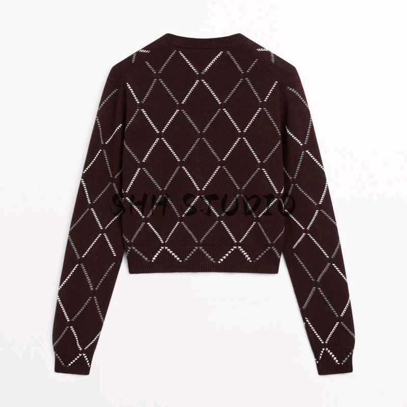 Spring New Women's Clothing Commute Style Single-Breasted Wool Blended Diamond Pattern Knitting Cardigan 5661643