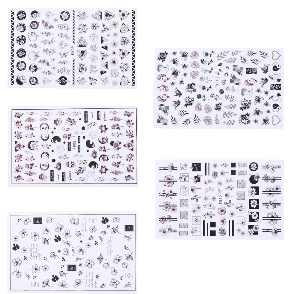 

5 Sheets DIY Manicure Floral Leaves Nail Stickers 3D Gothic Black White Flowers Hollow