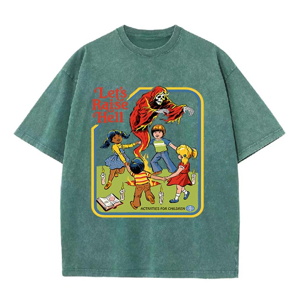 2026 Vintage Retro Grim Reaper Kids Graphic Beige Acid Washed T Shirt Dark Humor Lets Raise Hell Slogan Cartoon Aesthetic Overs