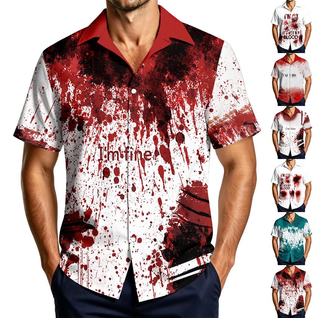 Men's Casual Short Sleeve Halloween Print Button Down Shirt