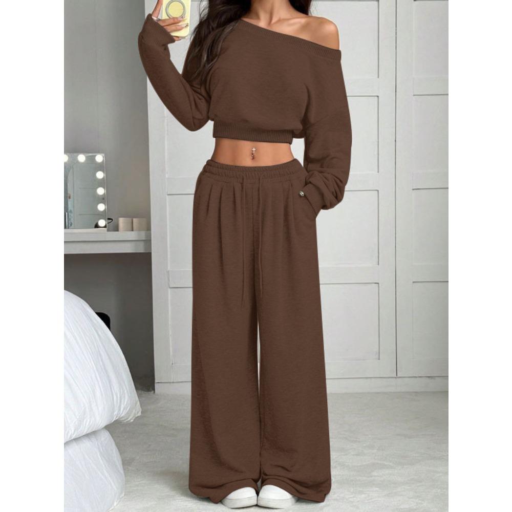 Tuta da Donna Vestibilità Larga Spalle Scoperte Manica Lunga Crop Top Vita Alta Pantaloni Larghi Tuta Due Pezzi