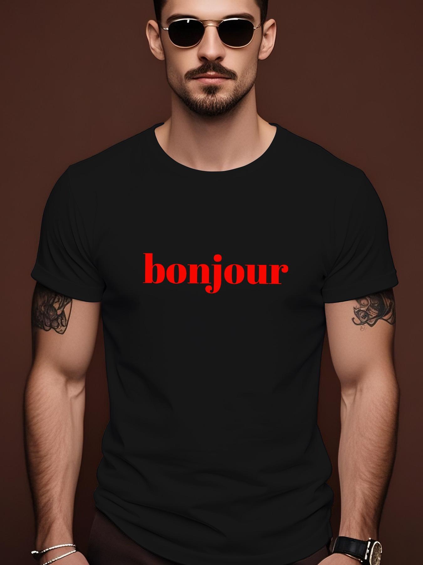 Summer Short Sleeve Tshirt with Bold Red Bonjour Print ... S