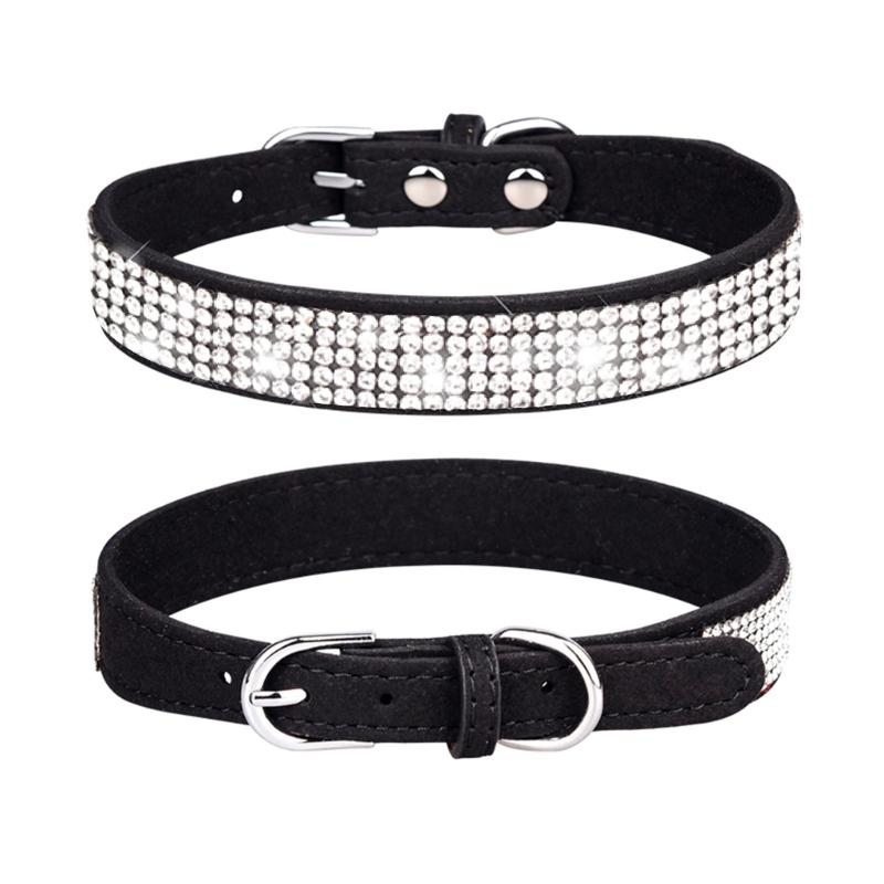 Rhinestones Dog Collar Cute Dazzling Sparkling Soft Suede- Leather Dog for Cat Rhinestones Collar Crystal-DiamondP