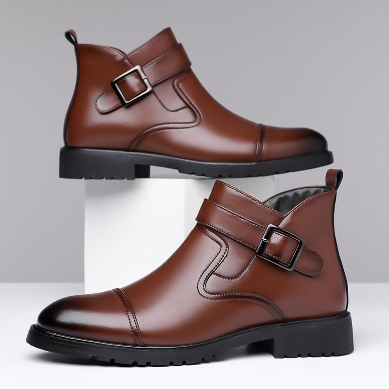 Fashion Casual Leather Male Chelsea Boots Business Mens Botas Comfortable High Top Shoes Fashionable Metal Buckle Ankle Boots Sneakers