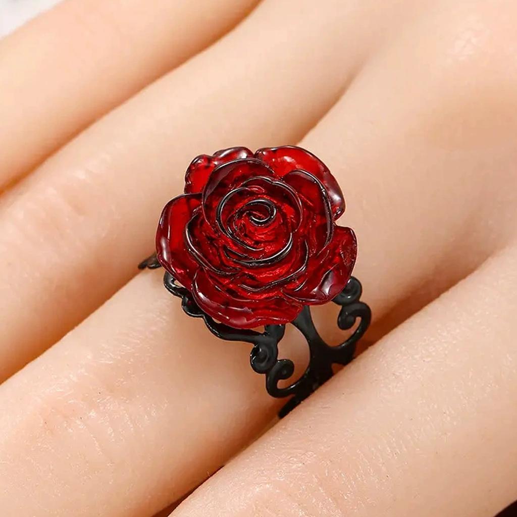 Punk Gothic Red Rose Ring Ornate Black Vine Witch Pagan Vintage Creative Halloween Cool Girl Gift Party Jewelry