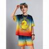 Summer Men's Set Fun Cartoon Duck Printed Men's T-shirt and Shorts 2 Piece Set Summer Casual Outdoor Men's and Women's Outfit Clothing