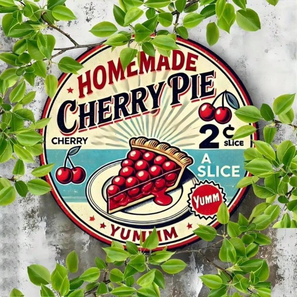 Vintage Cherry Pie Metal Tin Sign Round Aluminum Wall Art Kitchen Decor