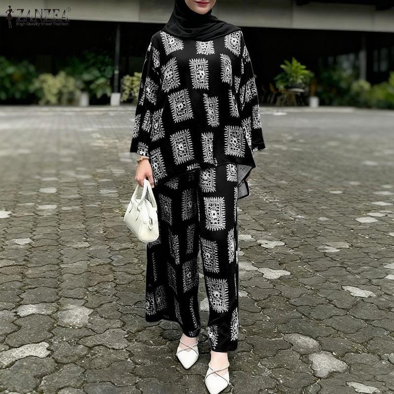 ZANZEA Women Long Sleeve Blouse and Pants Casual Print Two Piece Suit Sets