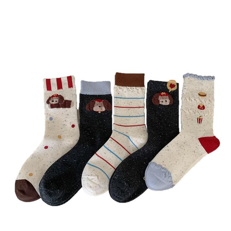 Sweet Plush Dog Student Mid-calf Socks for Girls Autumn and Winter School Style Cute Polka Dot Lace Pile Socks