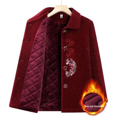 Bestickter Wollmantel mit Revers für ältere Damen - Herbst/Winter, mit Samt verdickt