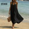 Women Beach Dress Women's Spaghetti Strap Sundress, Summer Sleeveless V Flowy Neck Cami Dress, Loose Vacation Long Soft Fabric