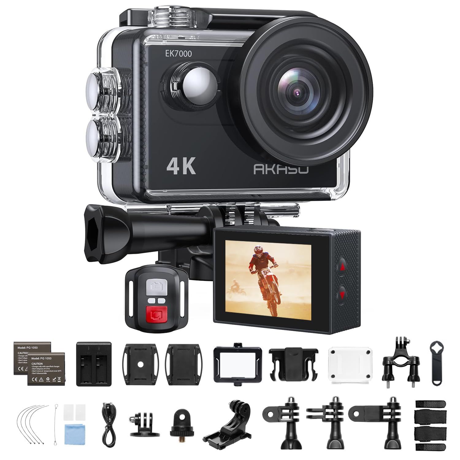 

AKASO Action Camera EK7000 4K 30FPS 20MP Underwater Camera with External 40M HDMI Remote Two 1050mAh Wide Range of Mountable WiFi, Microphone, чорний