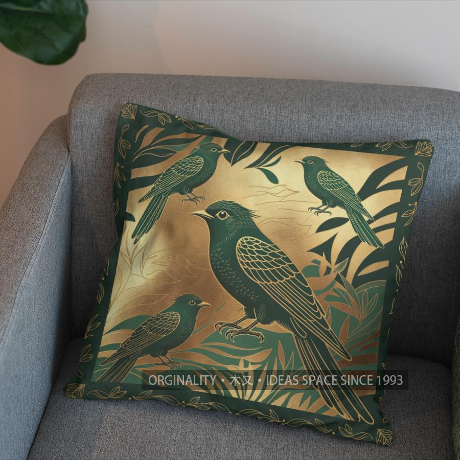 2D Golden Birds Pattern Decorative Pillow Cover Pattern Cushion Cover Suitable For Sofa Bedroom Car Pillow Cover
