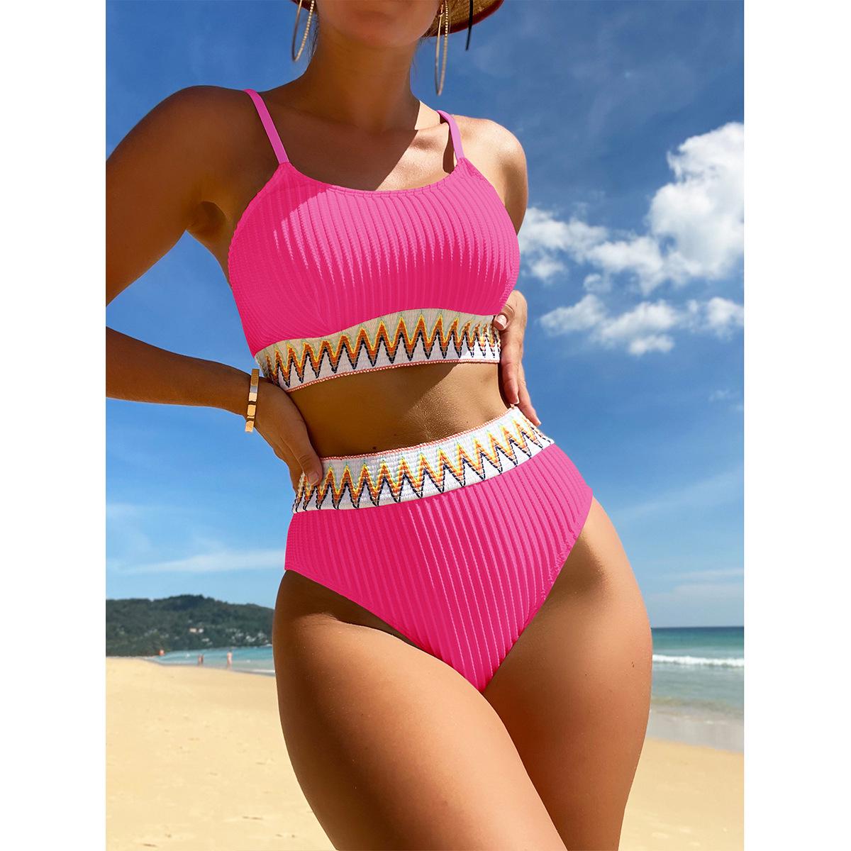 

2024 High-Waisted Split Multi-Color Striped & Solid Women s Bikini Small
