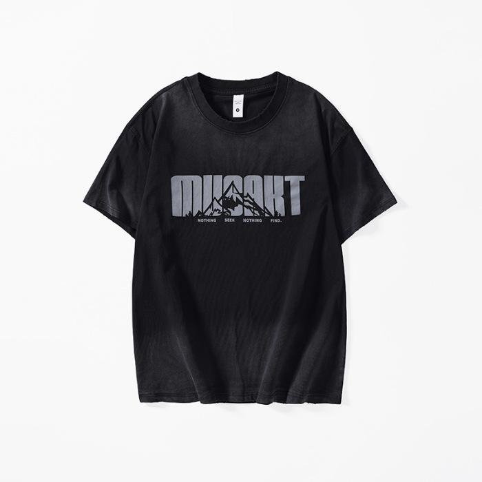 

Тяжелая выстиранная футболка с принтом и коротким рукавом для мужчин, летняя новинка, американская ретро-футболка 4XL