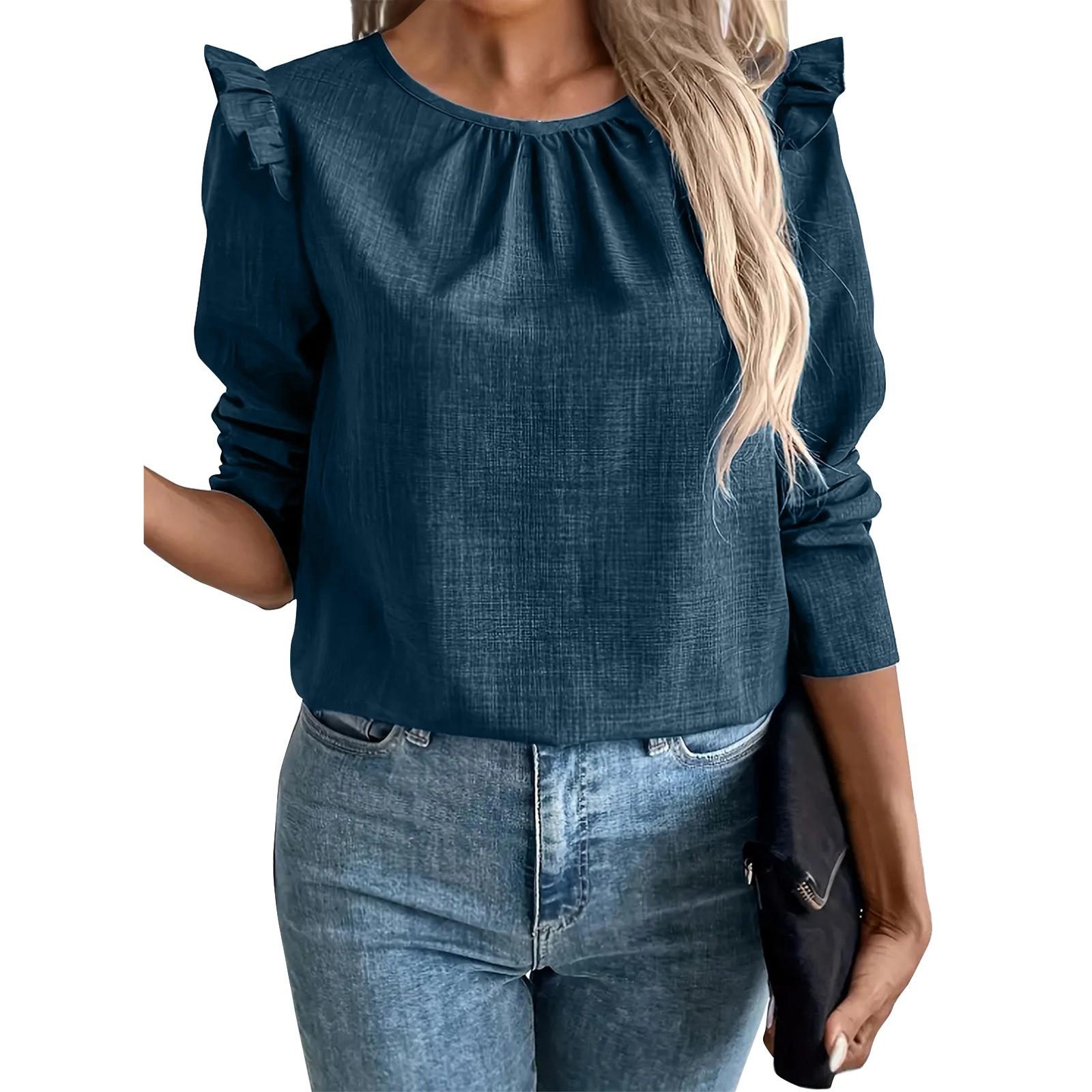 

Новая женская однобортная футболка с длинными рукавами и однотонной спинкой, модная повседневная футболка с длинными рукавами L тёмно-синий