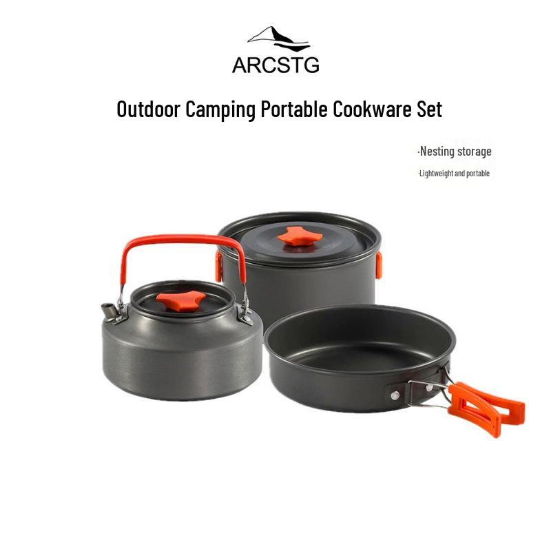 ARCSTG Dış Mekan Pişirme Seti: Taşınabilir Kamp Kettle'ı, Tava ve Vahşi Doğa Maceraları için Gereçler.