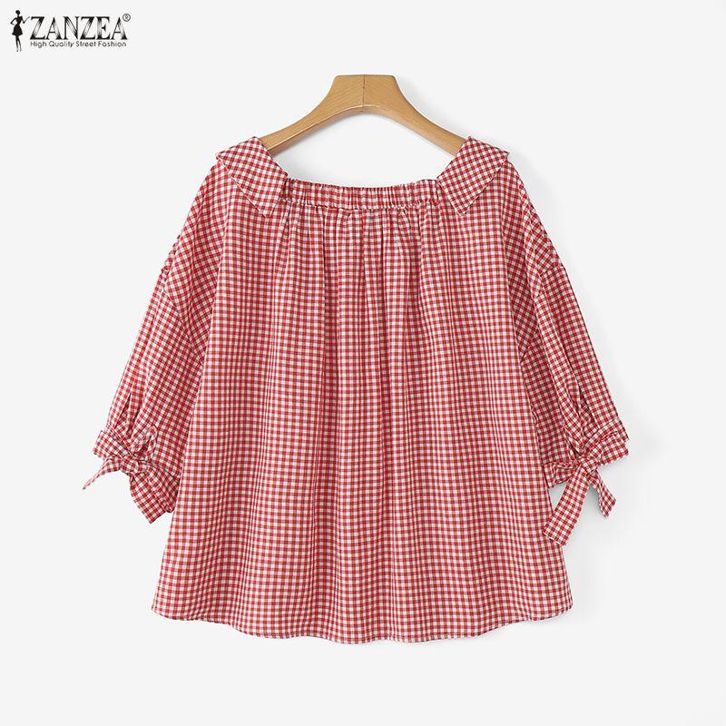 ZANZEA Damen Lässig Locker Reverskragen Kariert 3/4-Ärmel Bluse