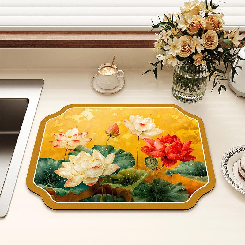 Chinese-Style Irregular Flower & Bird Diatom Mud Coffee Mat: Stain-Resistant, Easy-Clean, Non-Slip Kitchen Draining Mat