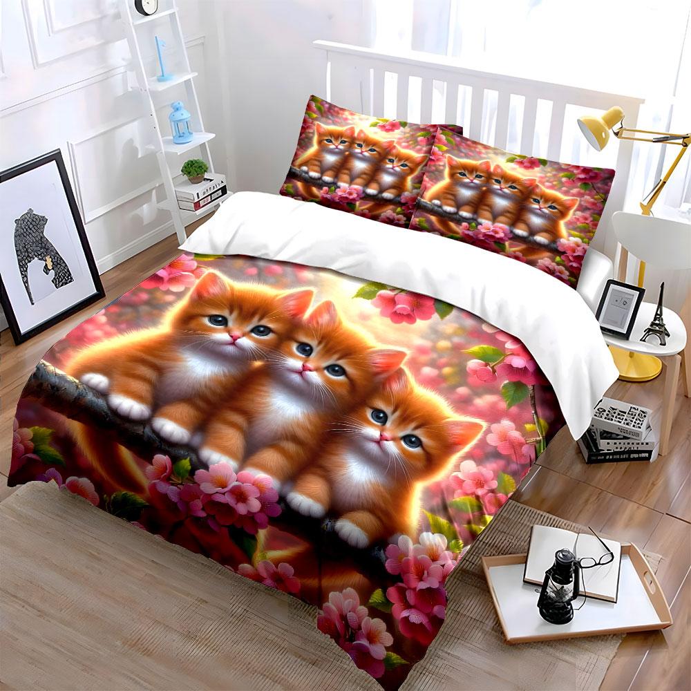 Three Kittens Amid Blossoming Spring  Kid'S And Adults' Bedroom Decor, Exquisite Three-Piece Bedding Set Gift