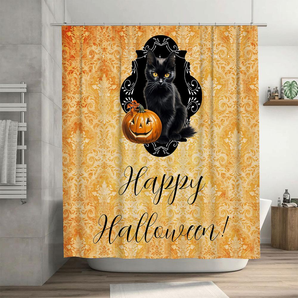 Halloween Shower Curtain with Jack-O-Lantern Pumpkin Print Fall Decorations for Bathrooms Black Cat Yellow Damask Pattern Reusab