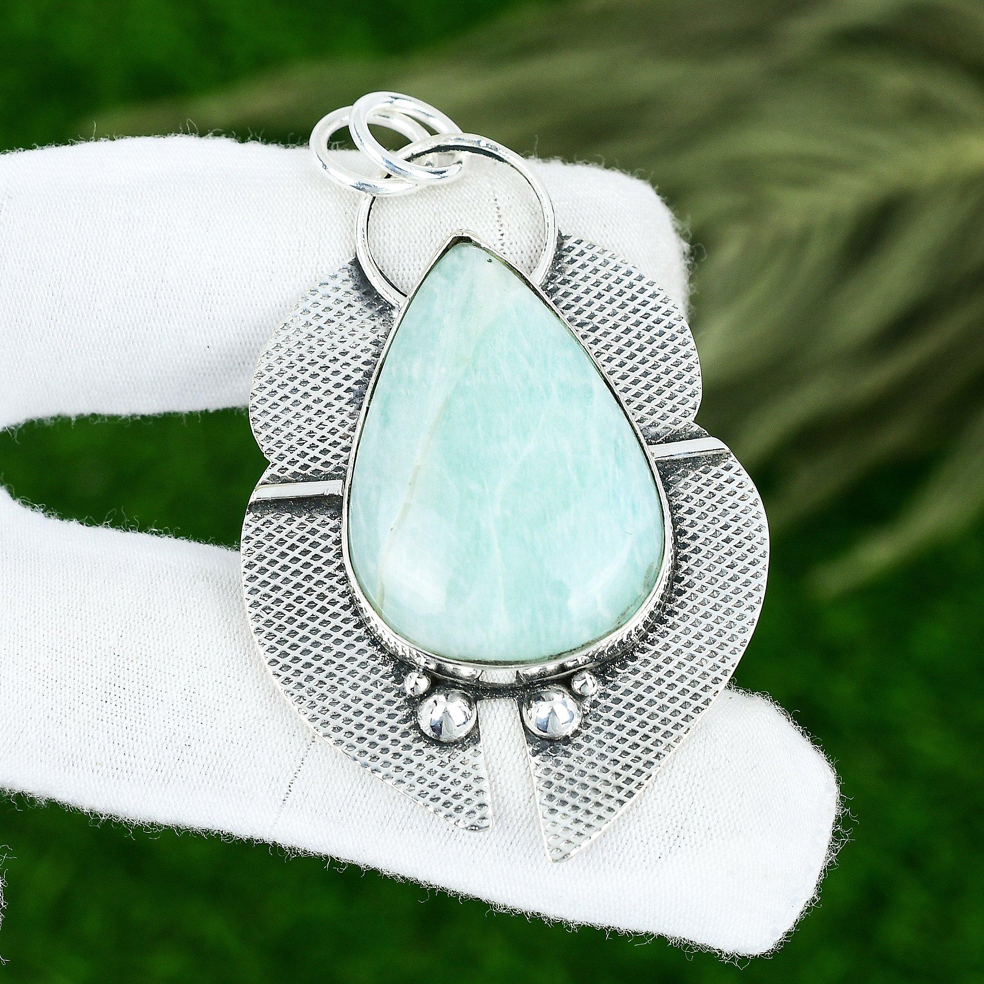 925 Sterling Silver Pear Amazonite Stone Heart Chakra Mother Wedding New Pendant