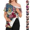 Women’s Postoperative Short Sleeve Shirt with Shoulder Zipper and Side Hook and Loop Closure Flag Print Loose Fit Top