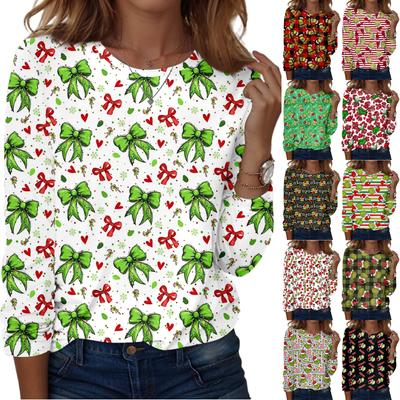 Women's Fashion Casual LongSleeve Print Round Neck Pullover Top Blouse