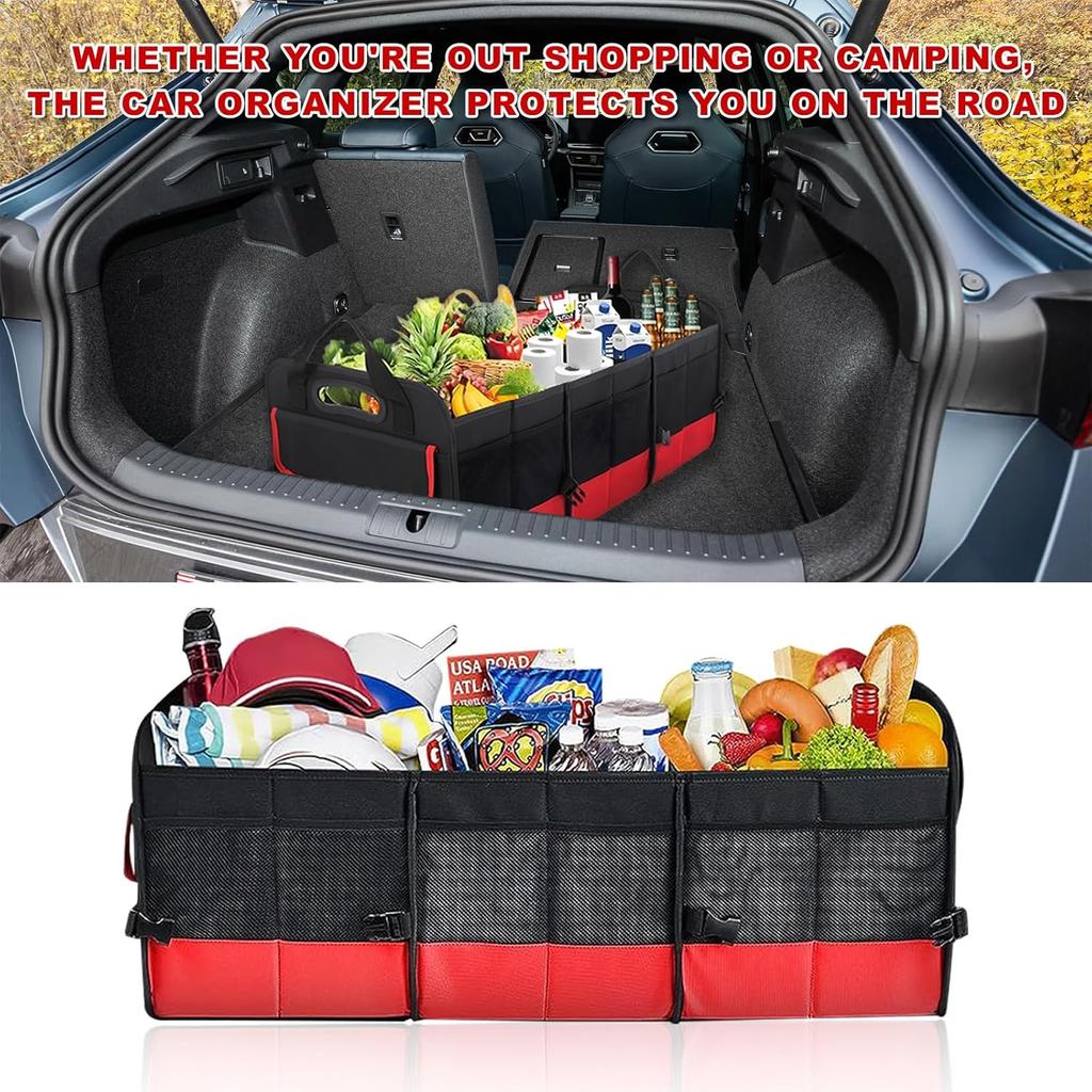 Car Trunk Organizer, Large Capacity Collapsible Cargo Organizer with Adjustable Straps Reinforced Handles, Multi-Compartment Trunk Storage Box for