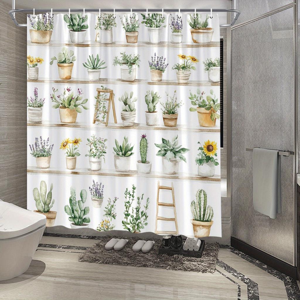 Watercolor Botanical Shower Curtain - Wooden Shelves & Potted Plants, Artistic Bathroom Decor, Easy Installation