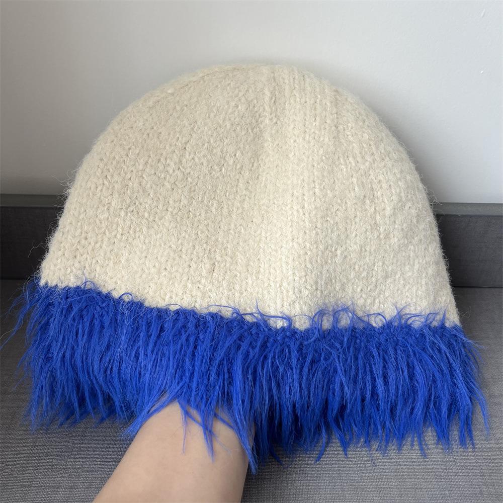 

Wool melon fur hat color matching knitted hat women s winter plush ear protection wool bucket hat sweet warm bag head hat Adult average size бежевый