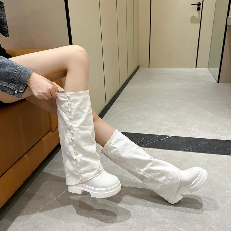 10Cm Denim Synthetic Platform Wedge Ankle Knee High Autumn Booties Fashion Round Toe Leisure Spring Women Ladies Shoes