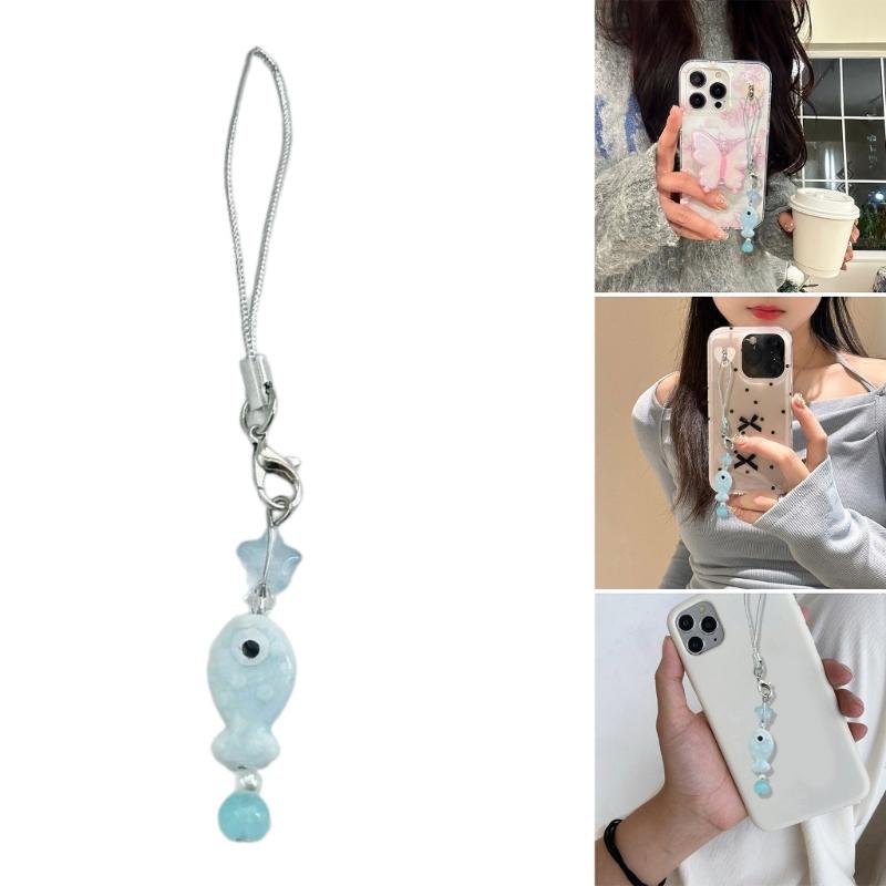 Sweet Blue Fish Beads Charm Pendant Chain Phone Strap Pocket Keychain Strap Hangings Decoration for Key Bag Purse