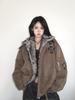 American Retro Fur Collar Cotton Padded Jacket – Unisex Winter Coat with Mountain Carving Design