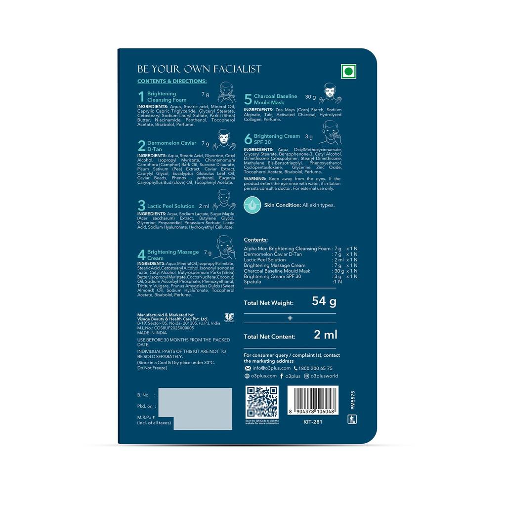 O3+ Alpha Men Bright Groom Facial Kit 54G Pack Of 1 for Hydrated, Glowing, Smooth Skin