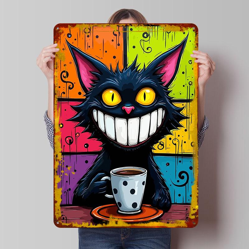 

Grinning Cat With Coffee Cup Poster Customized Wall Art Vintage Metal Signs Retro Tin Plaque for Man Cave Luxury Home Decor Room 7.9x11.8In(20x30cm)