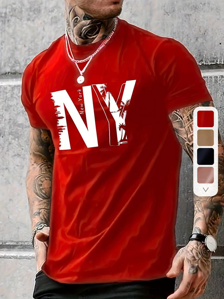 Summer Men's 100% Pure Cotton Casual Loose Plus Size NY Letter Printed Sports Comfortable Round Neck Short Sleeved T-shirt Top