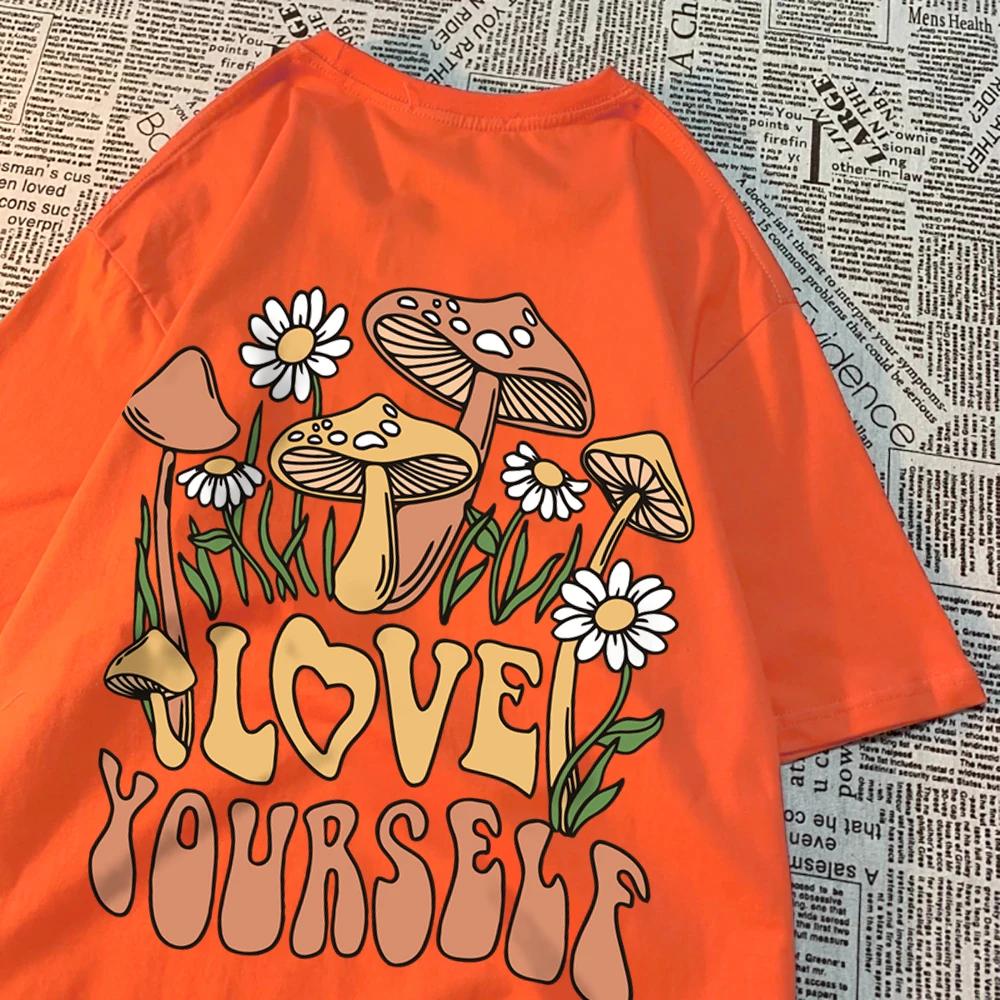 Cottagecore Style Mushroom Love Yourself Mens Tshirt Oversized T-Shirts Oversized Cotton T Shirts Breathable Women Short Sleeve