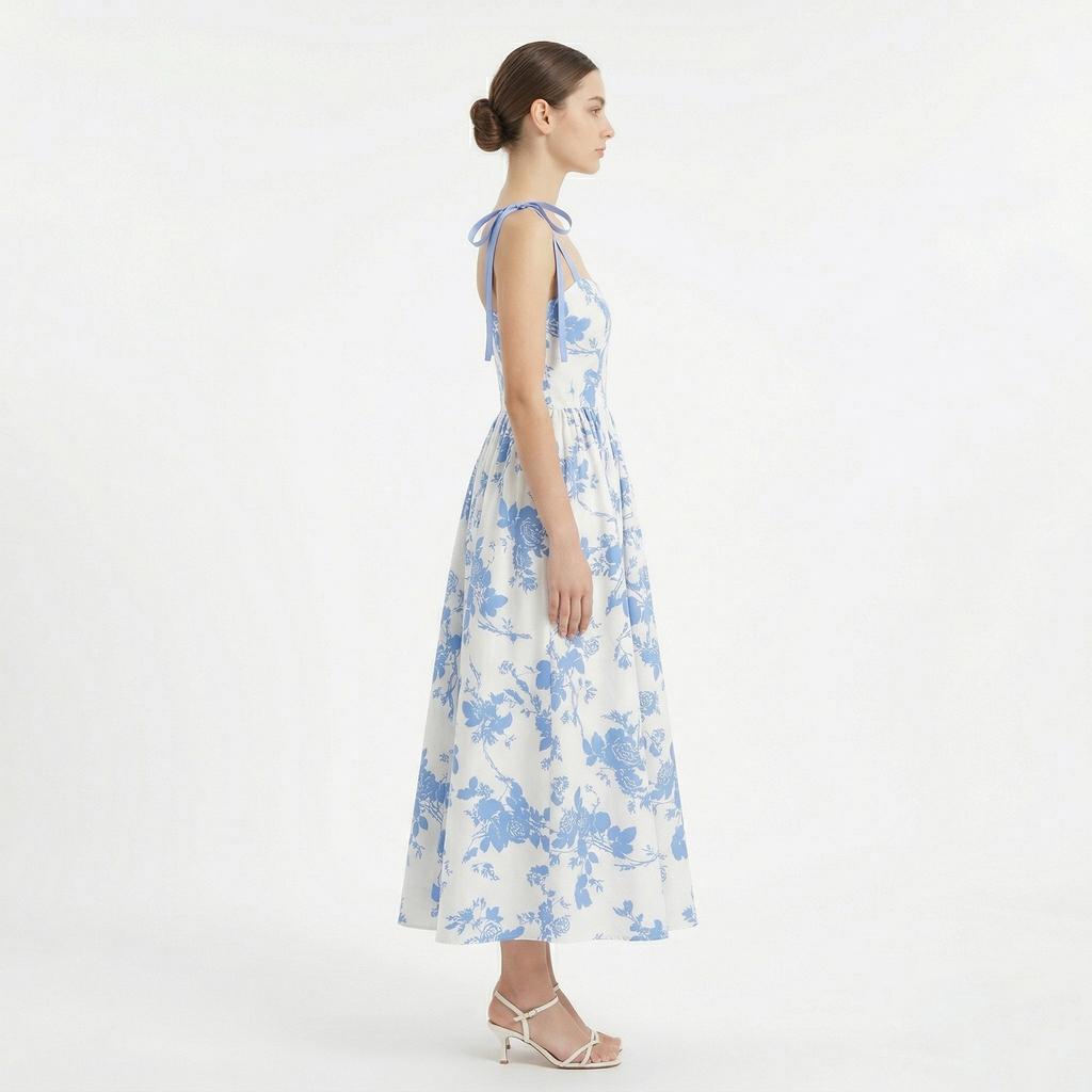 Vestido Corsé Bustier Floral para Mujer Tirantes de Lazo Fruncido Fluido Boho Largo Vestido de Sol