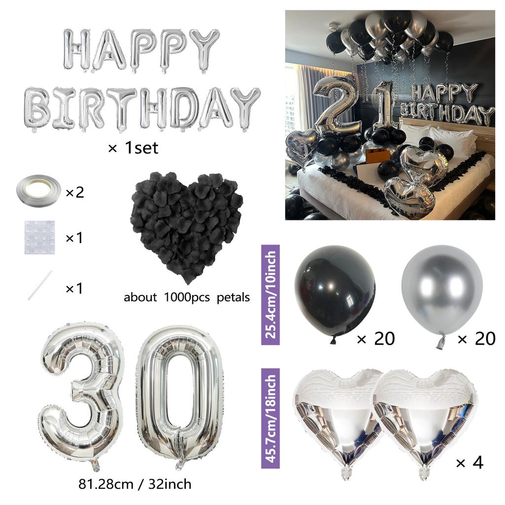 Black Silver Party Birthday Banner Heart-Shaped Aluminum Foil Balloon Rose Petals, Birthday, Anniversary, Atmosphere Decoration