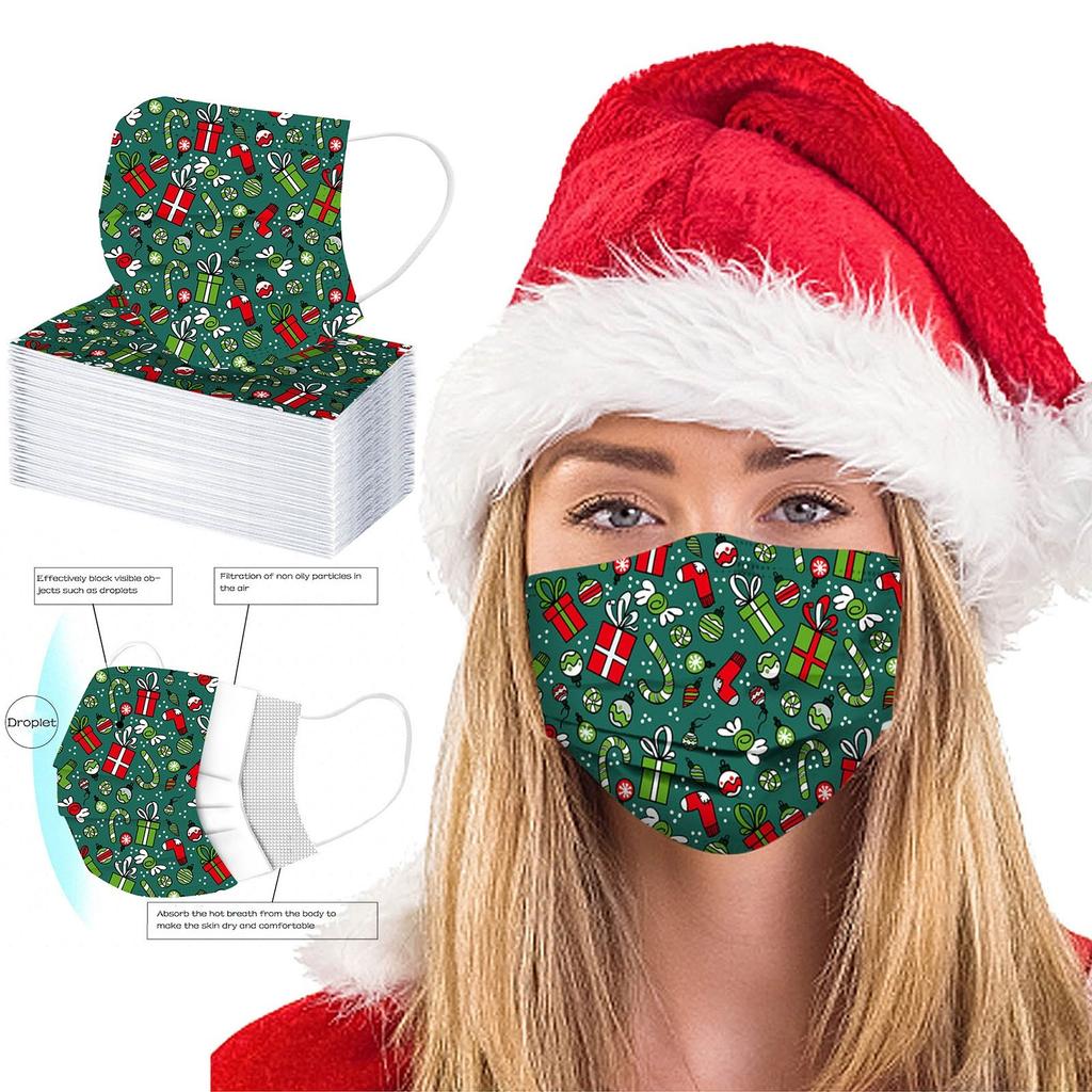 10pc Disposable Christmas Snowman Elk Print Face Adult Facemask Breathable Anti-Dust Safety Mask