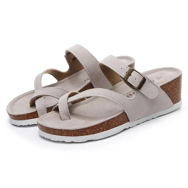 Fashion Hot Sell Women Sandals Flats Cork Slippers Casual Shoes Print Mixed Colors Slides Beach Cork Flip Flop Plus Size 35-42