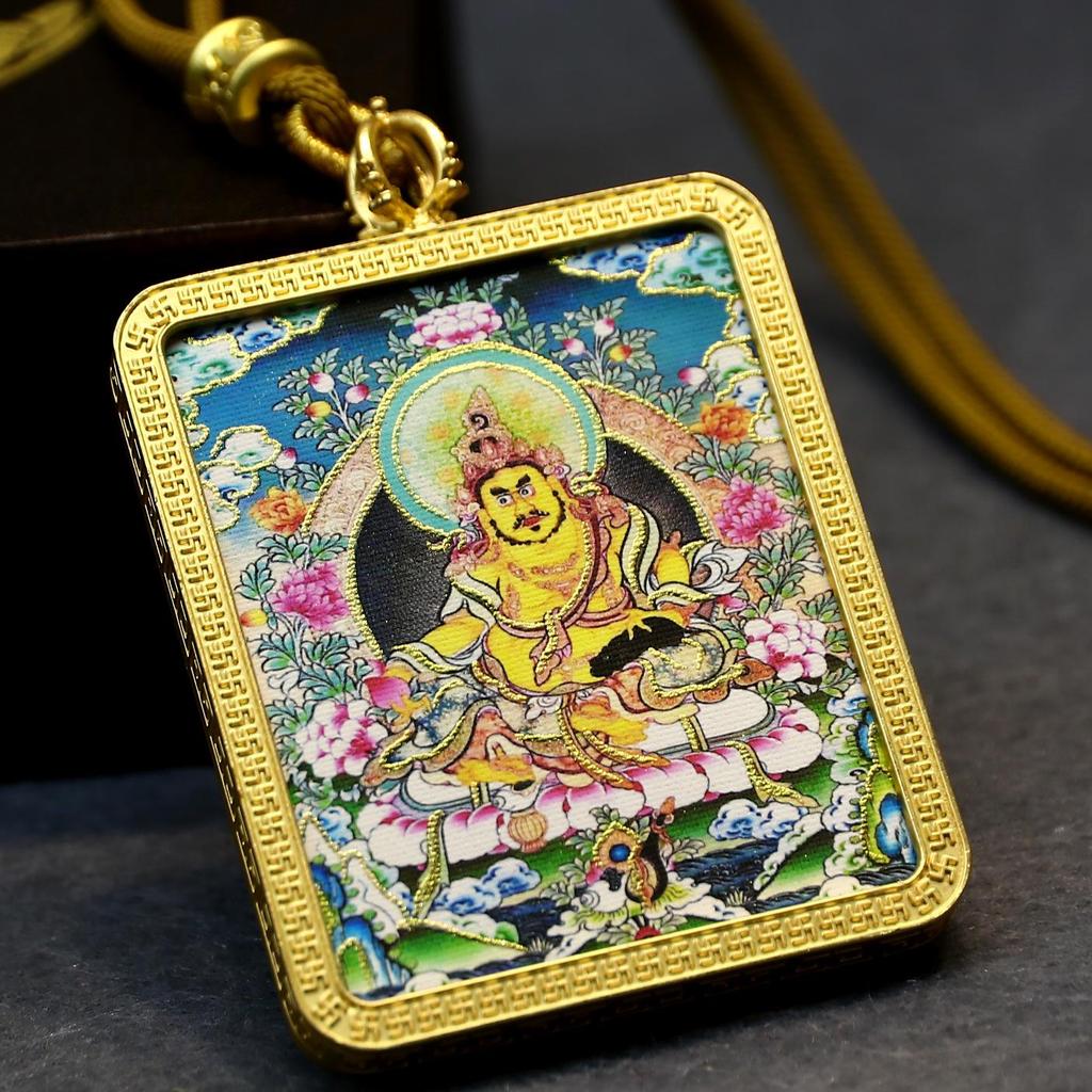Tibet Mahakala Gold-Plated Thangka Pendant with Yellow Wealth God & Fox Fairy Design