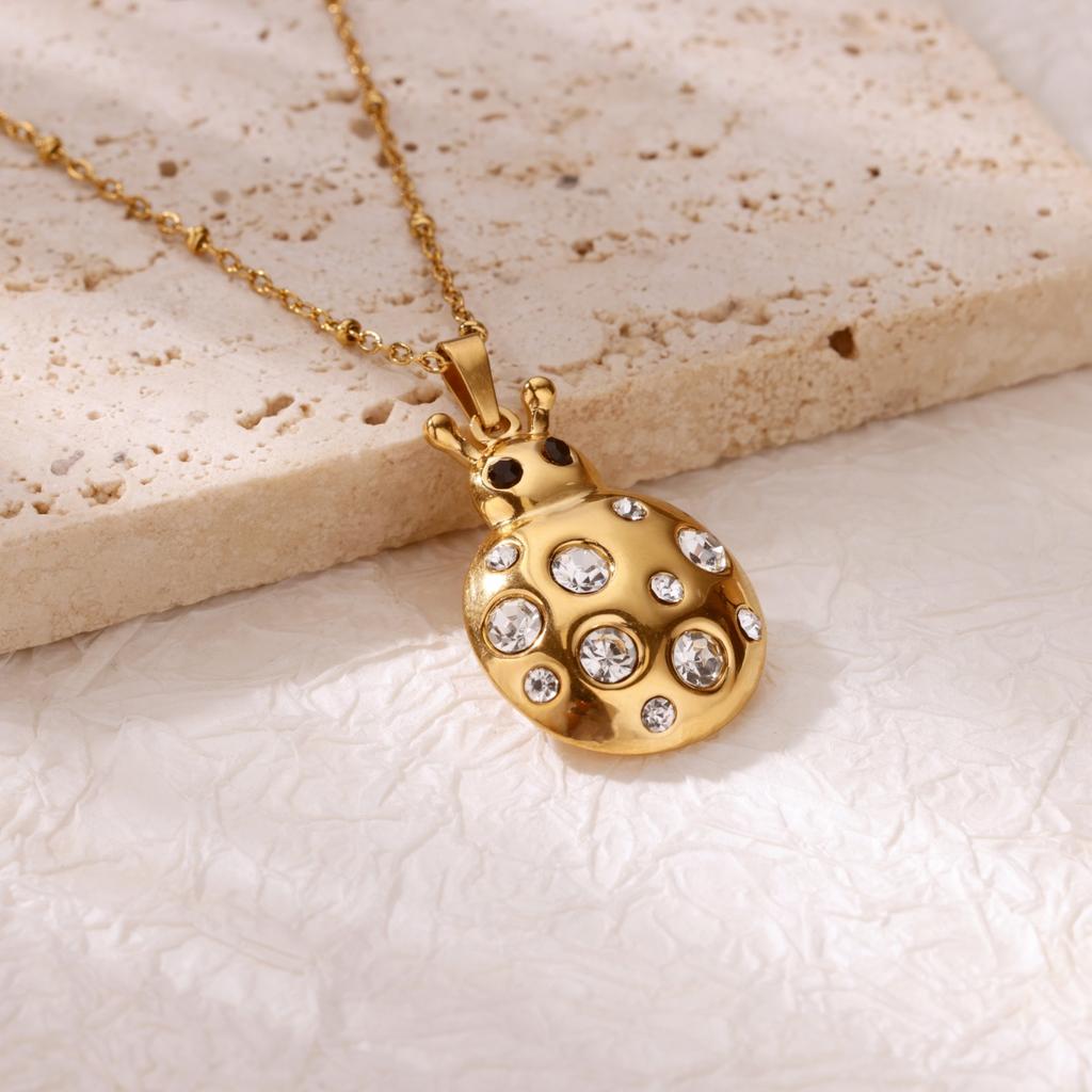 Zircon Ladybug Necklaces For Women Geometric Pendant Stainless Steel Gold Color Rainbow Ladybug Necklace Jewelry Gift