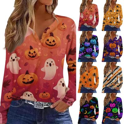 Women's Halloween Print Long Sleeve V Neck Button Detail Casual T Shirt Top with Festive Graphic Design for Seasonal Wear