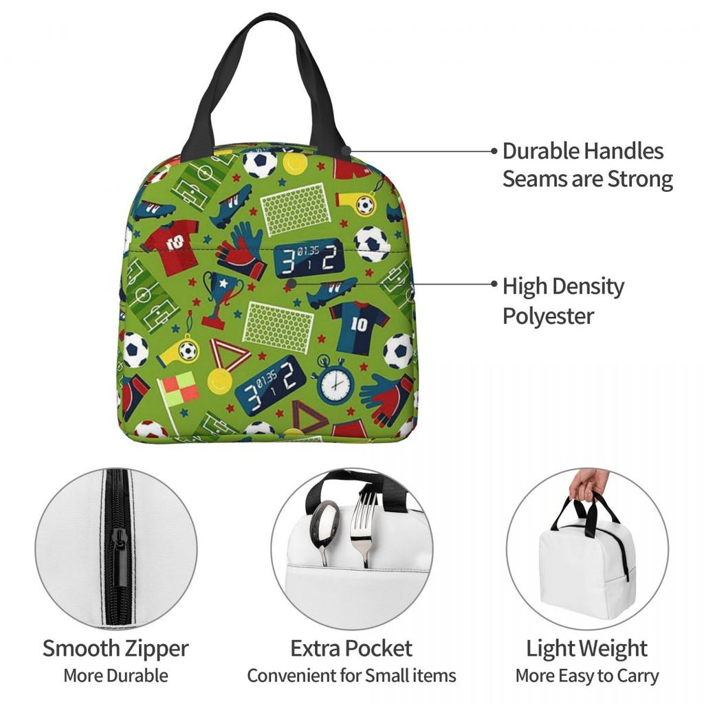 Fútbol Elemento Deportivo Patrón Deportivo Bolsa de Almuerzo Aislada para Mujeres Niños Portátil Cajas de Comida Lonchera Térmica Bolso Tote